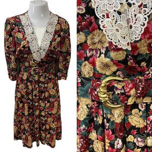 SL Petites Dress Womens 8P  Vintage Cottage Peasant Floral Lace Belt Pocket 90s